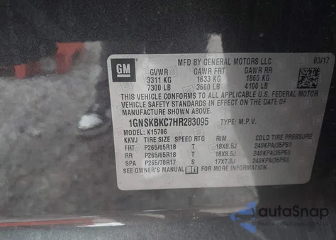 2017 Chevrolet Tahoe K1500 Lt from USA, damaged, VIN 1GNSKBKC7HR283095